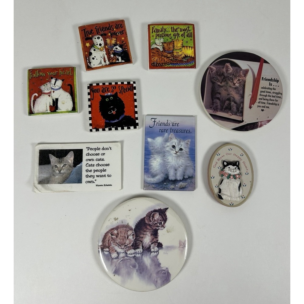 Lot of 9 VTG Cat theme Refrigerator Magnets Friendship Quotes Round Square